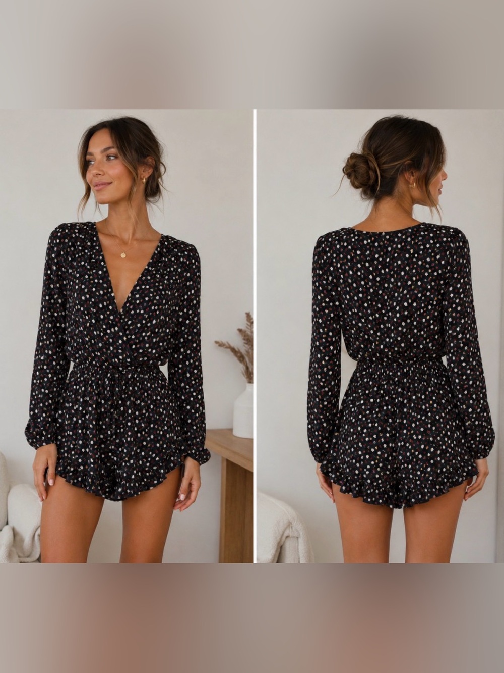 Brigitte Bailey long sleeve black floral romper size large